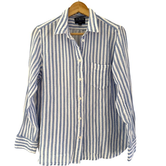 J Crew Gauze Blue White Striped Button Up Shirt Size 14 Coastal Resort Nautical - Picture 2 of 7